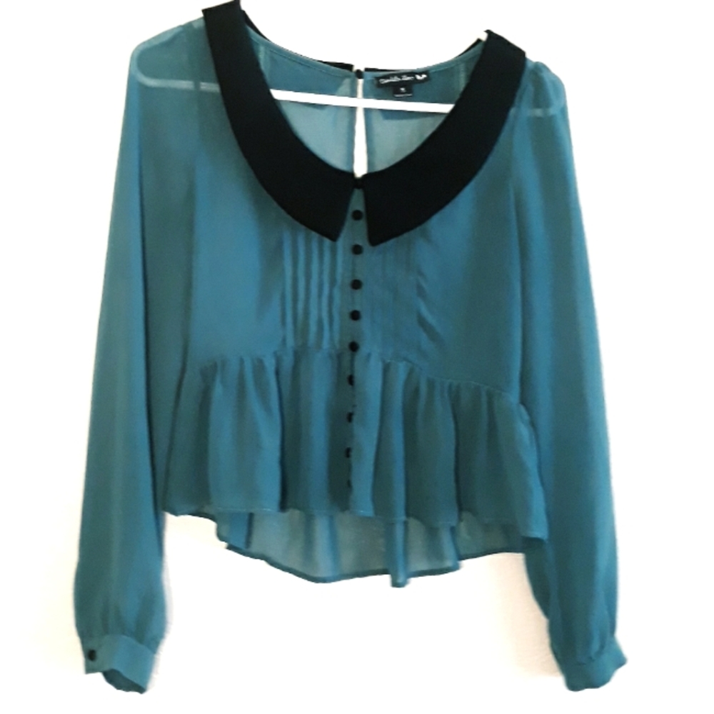 Double Zero Sheer Ruffle Front Blouse Size - Size Small/XS Teal Blue - Picture 7 of 14